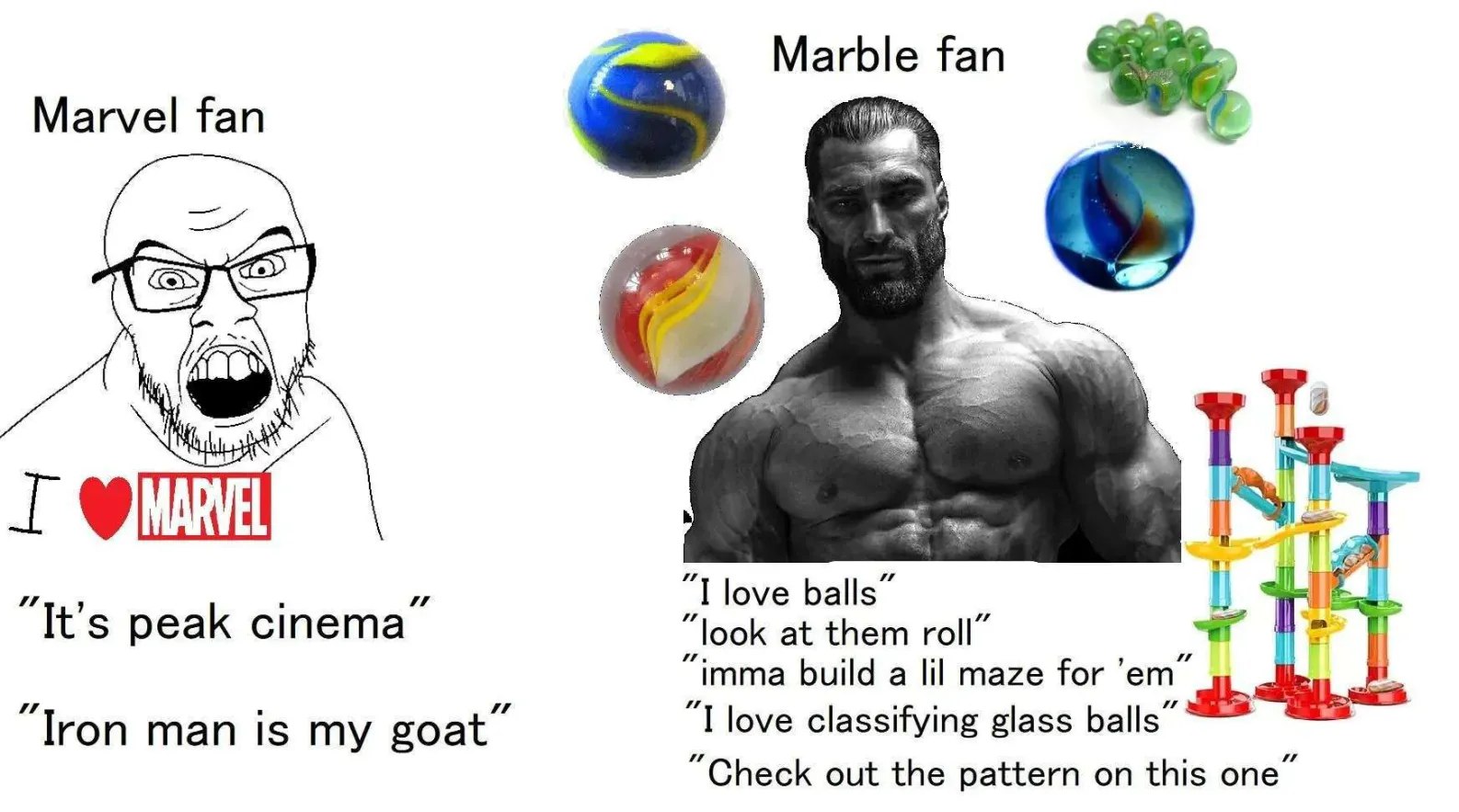 Marble fan Marvel fan у i а 3 5 love It's peak cinema look at them roll” imma build a lil maze for “Iron man is my goat” love classifying glass 8 “Check out the pattern on this