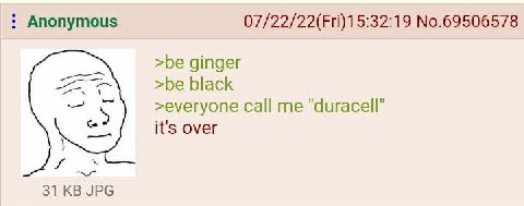Anonymous 07/22/22(Fri)15:32:19 No.69506578 >be ginger >be black >everyone call "дигасе!" it's over 31 JPG