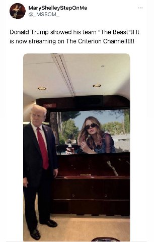 MaryShelleyStepOnMe @_MSSOM_ Donald Trump showed his team “The Beast”!! It is now streaming on The Criterion eevee у и