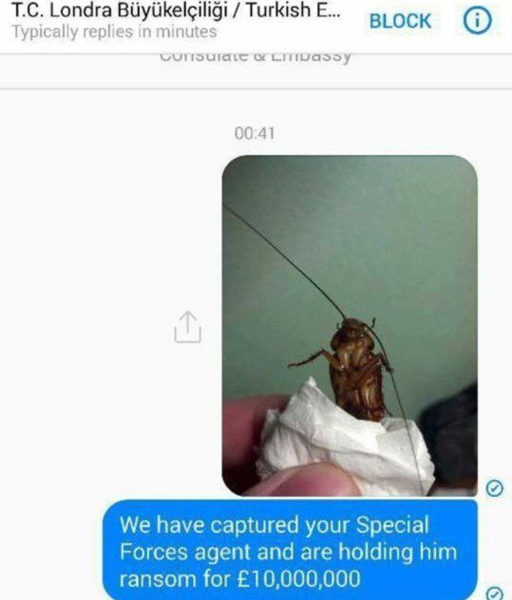 Londra Turkish BLOCK ypically replies in minutes 00:41 We have captured your Special Forces agent and are holding him ransom for £10,000,000