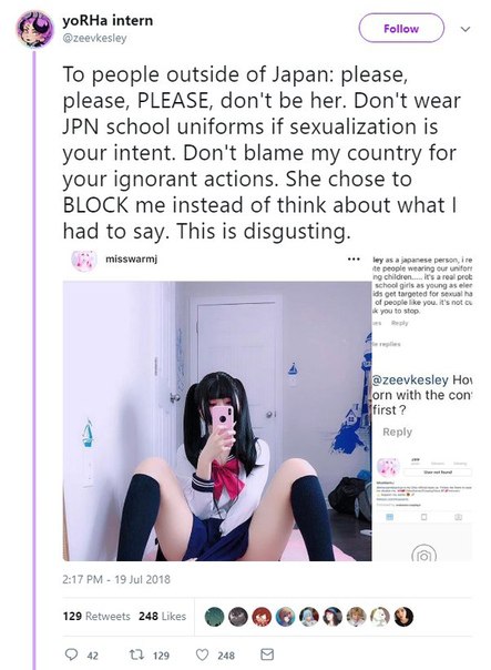 yoRHa intern To people outside of Japan: please, please, PLEASE, don't be her. Don't wear JPN school uniforms if sexualization is your intent. Don't blame my country for your ignorant actions. She cho