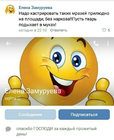 Елена Замуруева Надо кастрировать таких мразей прилюдно на площади, без наркоза!Пусть тварь подыхает в муках! сегодня в 22:10 Ответить лена амуруева спасибо ГОСПОДИ за каждый прожитый день!
