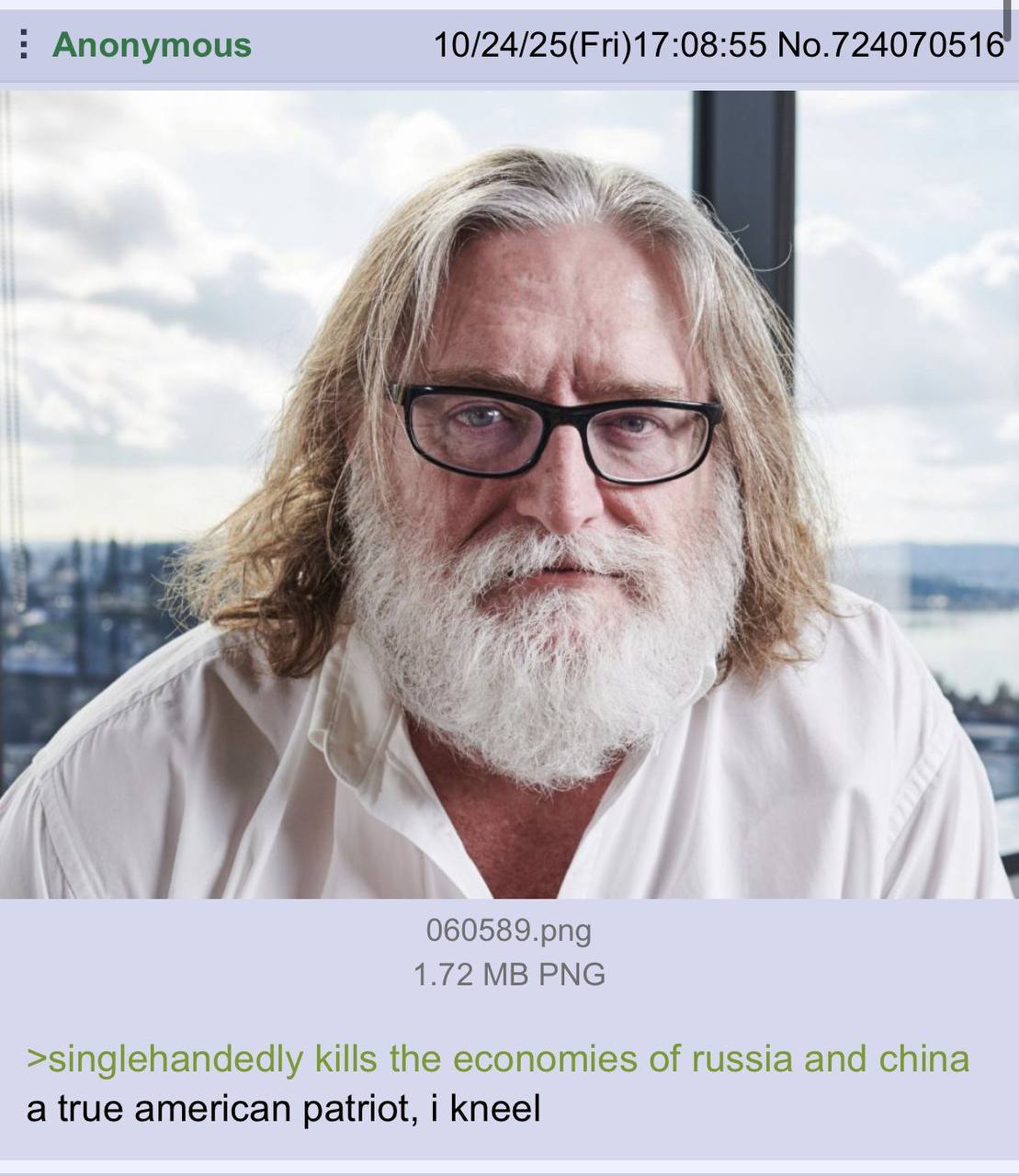 Anonymous 10/24/25(Fri)17:08:55 No.724070516 a А 060589.png 1.72 PNG >singlehandedly kills the economies of russia and china a true american patriot, i kneel