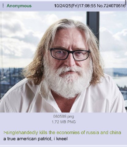 Anonymous 10/24/25(Fri)17:08:55 No.724070516 a А 060589.png 1.72 PNG >singlehandedly kills the economies of russia and china a true american patriot, i kneel