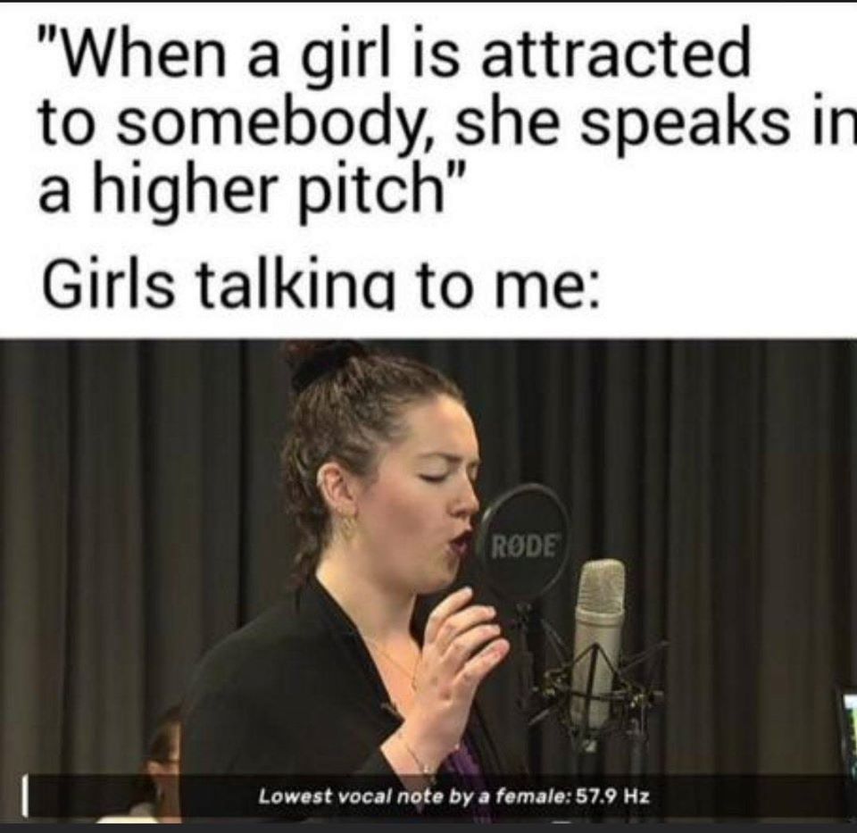 "When a girl is attracted to somebody, she speaks a higher pitch" Girls to me: male: 57.9