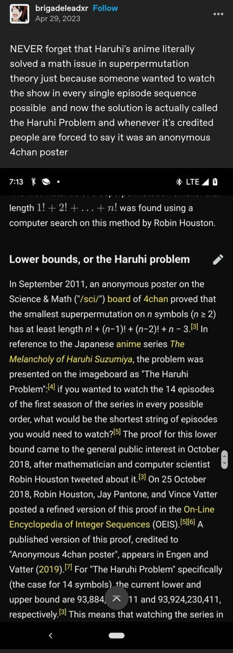 brigadeleadxr NEVER forget that anime literally solved a math issue in Superpermutation theory just because someone wanted to watch the show in every single episode sequence possible and now the solut