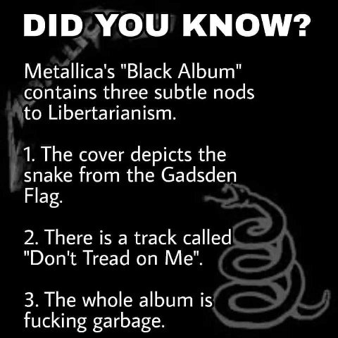 DID YOU KNOW? "Black Album" contains three subtle nods to Libertarianism. 1. The cover depicts the snake from the Gadsden Flag. 2. There is a track called "Don't Tread on Me". 3. The whole album is fu