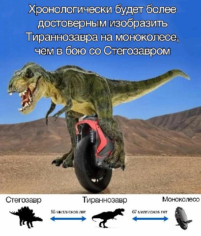 Хронологически будет более достоверным изобразить Тираннозавра на моноколесе, чем в бою Стегозавром Стегозавр Тираннозавр Моноколесо 85 миллионов лет 67 миллионов лет
