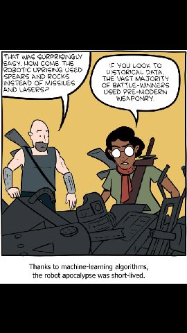 THAT WAS SURPRISINGLY EASY. HOW COME THE ROBOTIC UPRISING USED YOU LOOK TO SPEARS AND ROCKS HISTORICAL DATA, INSTEAD OF MISSILES THE VAST MAJORITY AND LASERS? OF BATTLE-WINNERS USED PRE-MODERN WEAPONR