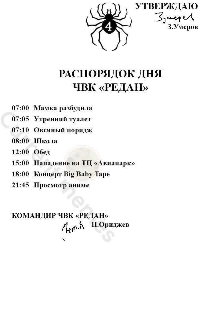 УТВЕРЖДАЮ 3.Умеров РАСПОРЯДОК ДНЯ ЧВК «РЕДАН» 07:00 Мамка разбудила 07:05 Утренний туалет 07:10 Овсяный поридж 08:00 Школа 12:00 Обед 15:00 Нападение на «Авиапарк» 18:00 Концерт Big Baby Tape 21:45 Пр