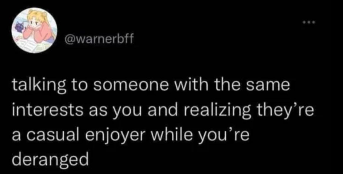 @warnerbff talking to someone with the same interests as you and realizing they’re a casual enjoyer while you're deranged