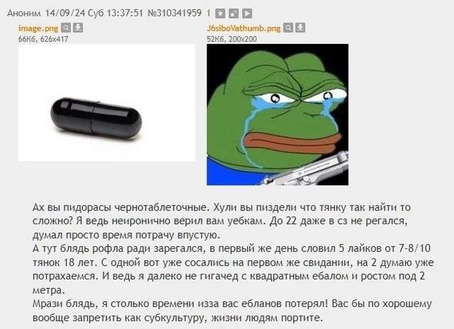 Аноним 14/09/24 Суб 13:37:51 №310341959 1 J6siboVathumb. png 8 а вы пидорасы чернотаблеточные. Хули вы пиздели что тянку так найти то сложно? Я ведь неиронично верил вам уебкам. До 22 даже в не регалс
