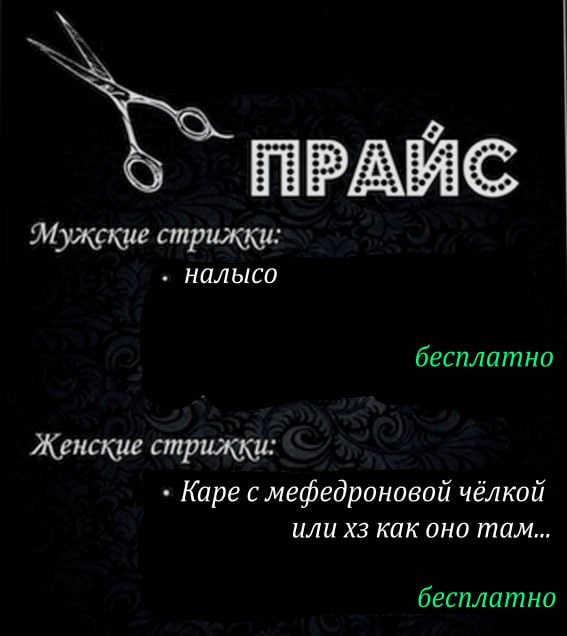 ПРАЙС Мужские стрижки: налысо бесплатно Женские стрижки: Каре с мефедроновой чёлкой или как оно там... бесплатно