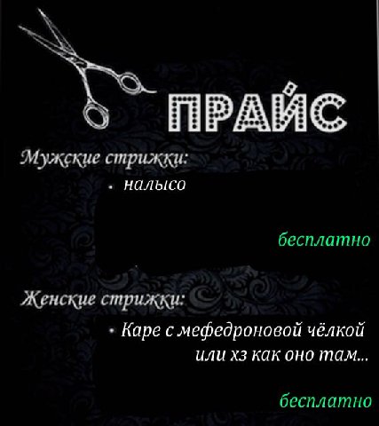 ПРАЙС Мужские стрижки: налысо бесплатно Женские стрижки: Каре с мефедроновой чёлкой или как оно там... бесплатно