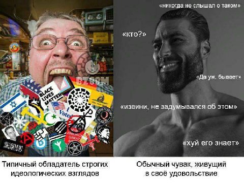«никогда не слышал о таком» «кто?» A «Да бывает» «извини, не задумывался об этом» Tot «ХУЙ «хуй его знает Типичный обладатель строгих Обычный чувак, живущий идеологических взглядов в своё удовольствие