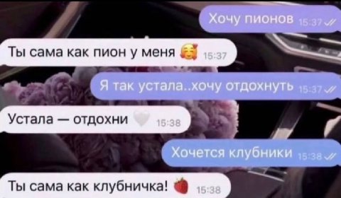 Хочу пионов 15 37 Ты сама как пион у меня 15.37 Я так устала..хочу отдохнуть Устала отдохни 15 38 Хочется клубники Ты cama как клубничка!