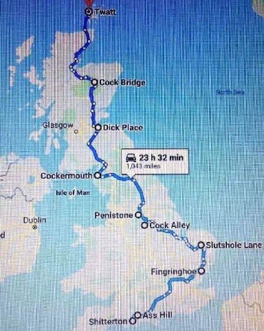 Glasgow Dic’ 32 min 1,043 miles Cockermouth Isle of Man Penistone О; Dublin Обоск Alley lutshole Lane Fingringhoe’ shiterton Hil