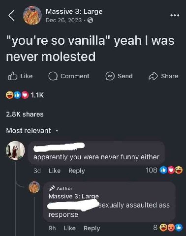 Massive 3: Large eee Dec “you're so vanilla" yeah was never molested Like Comment Зена Share ite shares Most relevant apparently you were never funny either за Like Reply 108 Author assaulted ass resp