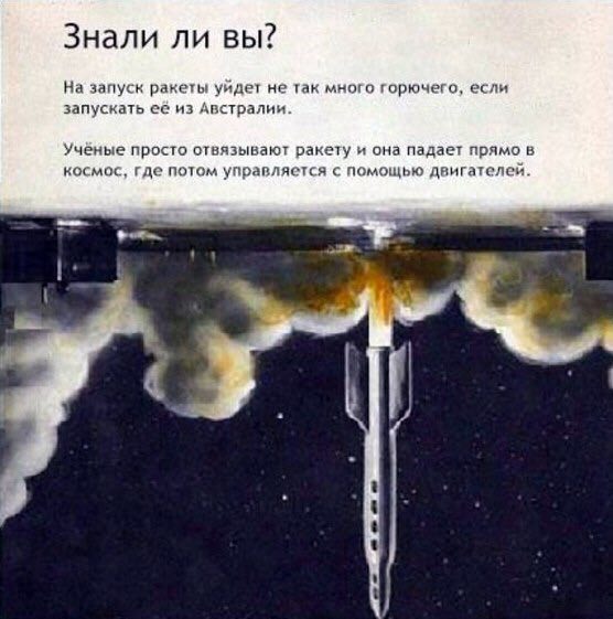 Знали ли вы? На запуск ракеты уйдет не так много горючего, если запускать её из Австралии. Ученые просто отвязывают ракету и она падает прямо в космос, где потом управляется с помощью двигателей. 5