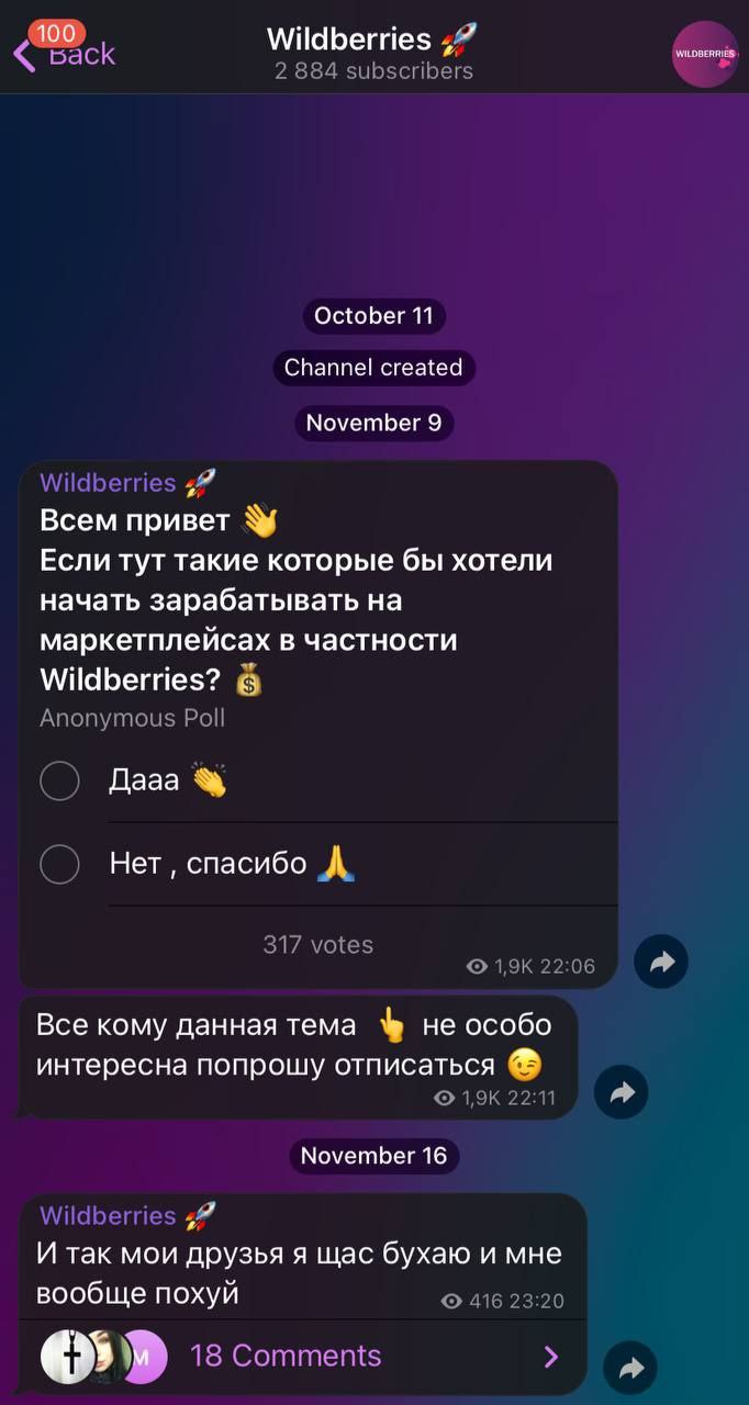 100 Wildberries October 11 Channel created November 9 Всем привет Если тут такие которые бы хотели начать зарабатывать на маркетплейсах в частности Wildberries? в Дааа Нет, спасибо Все кому данная тем