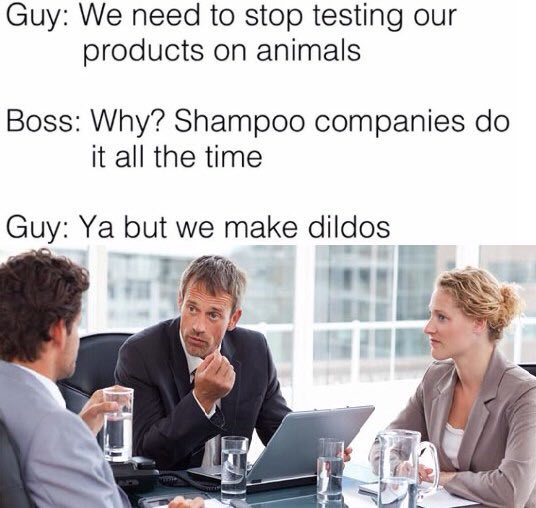 Guy: We need to stop testing our products on animals Boss: Why? Shampoo companies it all the time Guy: but we make dildos
