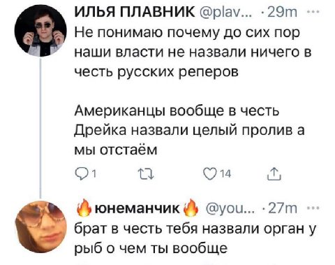 ИЛЬЯ ПЛАВНИК @plav... Не понимаю почему до сих пор наши власти не назвали ничего в честь русских реперов Американцы вообще в честь Дрейка назвали целый пролив а мы отстаём юнеманчик @you... брат в чес