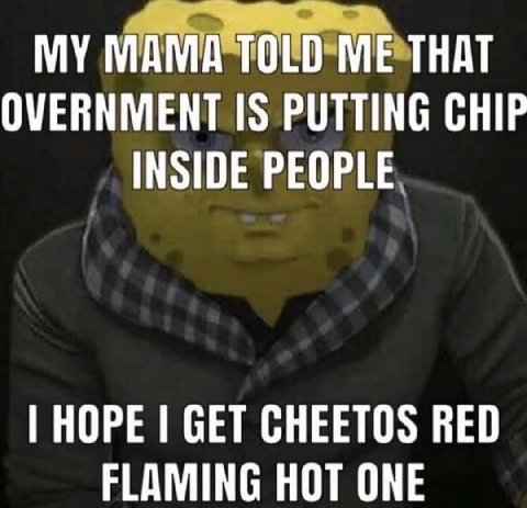 МАМА TOLD МЕТНАТ OVERNMENT 15 PUTTING CHIP INSIDE PEOPLE HOPE GET CHEETOS RED FLAMING HOT ONE
