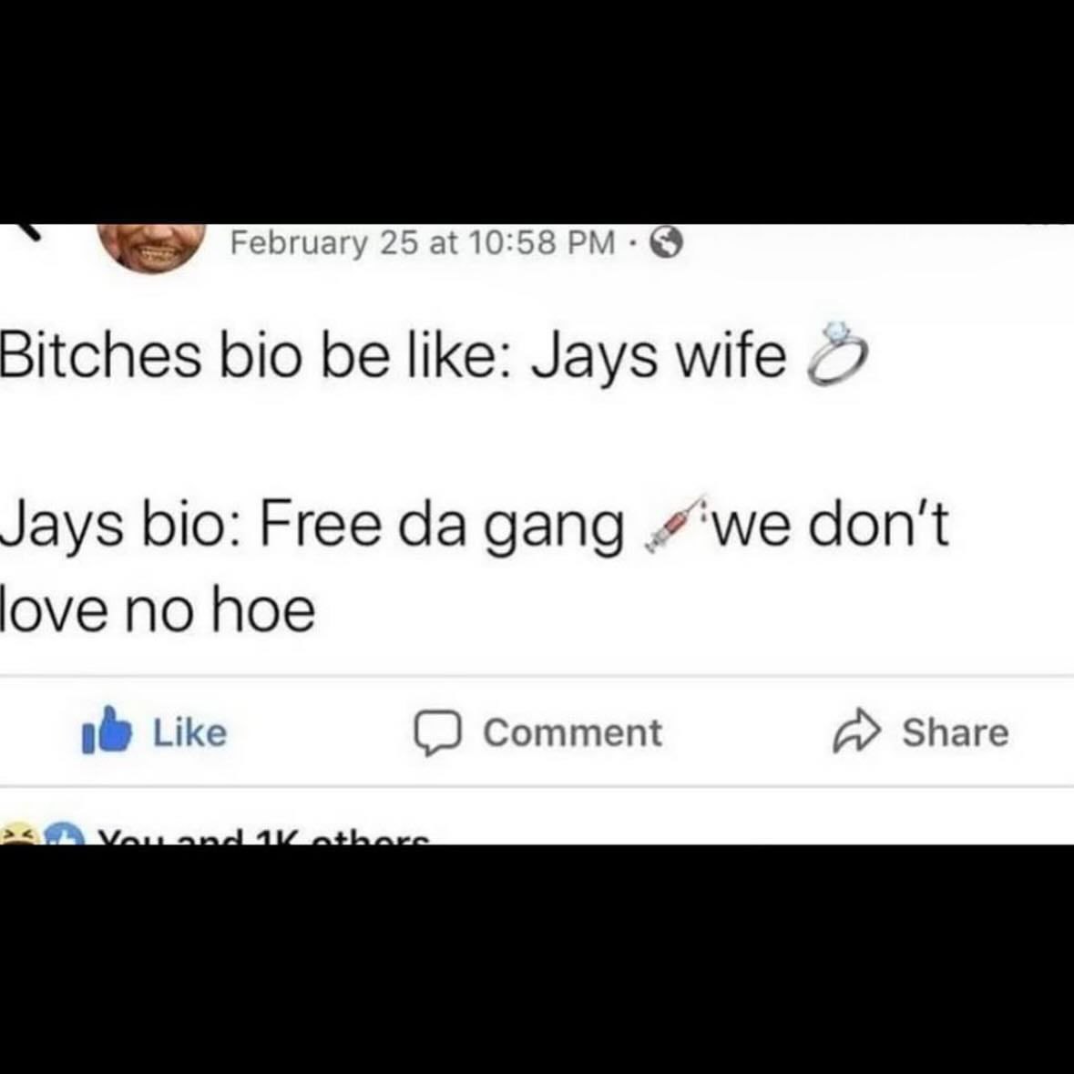 February 25 at 10:58 Bitches bio be like: Jays wife Jays bio: Free gang don't love no hoe Like Comment А» Share