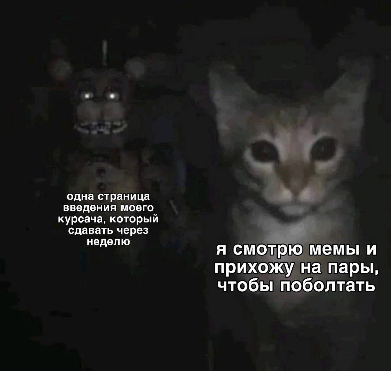 одна страница введения моего курсача, который сдавать через неделю я смотрю мемы и прихожу на пары, чтобы поболтать