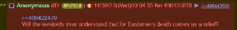 Anonymous (10: No 406435878 >>406443555 >>406422470 Will the westoids ever understand that for Easterners death comes as а relief?