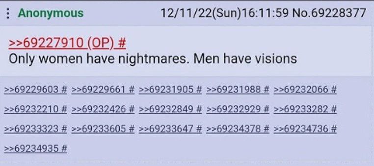 Anonymous 12/11/22(Sun)16:11:59 No.69228377 >>69227910 Only women have nightmares. Men have visions >>69229603 >>69229661 >>69231905 >>69231988 >>69232066 >>69232210 >>69232426 >>69232849 >>69232929 >