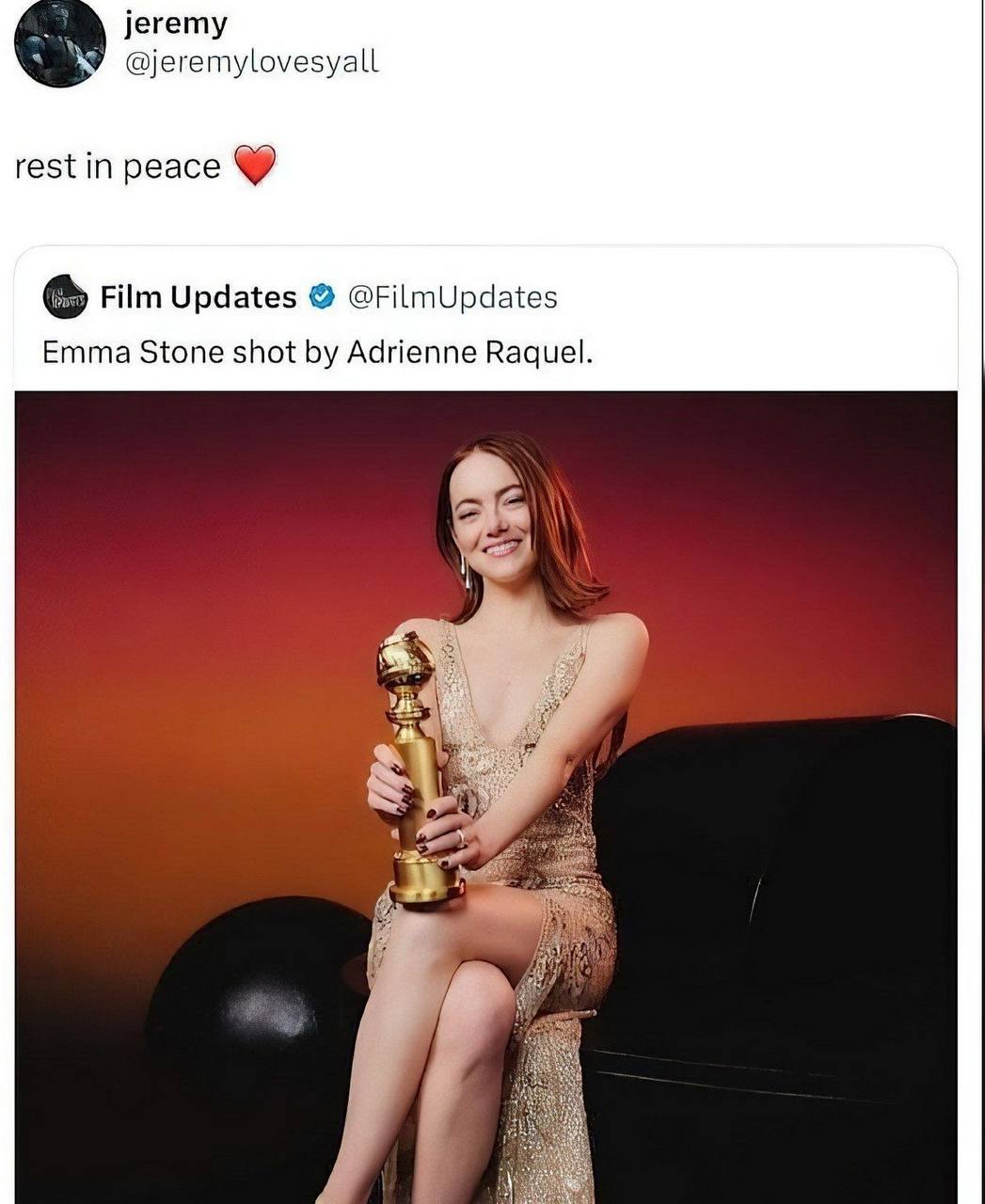 jeremy @jeremylovesyall rest in peace Film Updates @FilmUpdates Emma Stone shot Adrienne Raquel