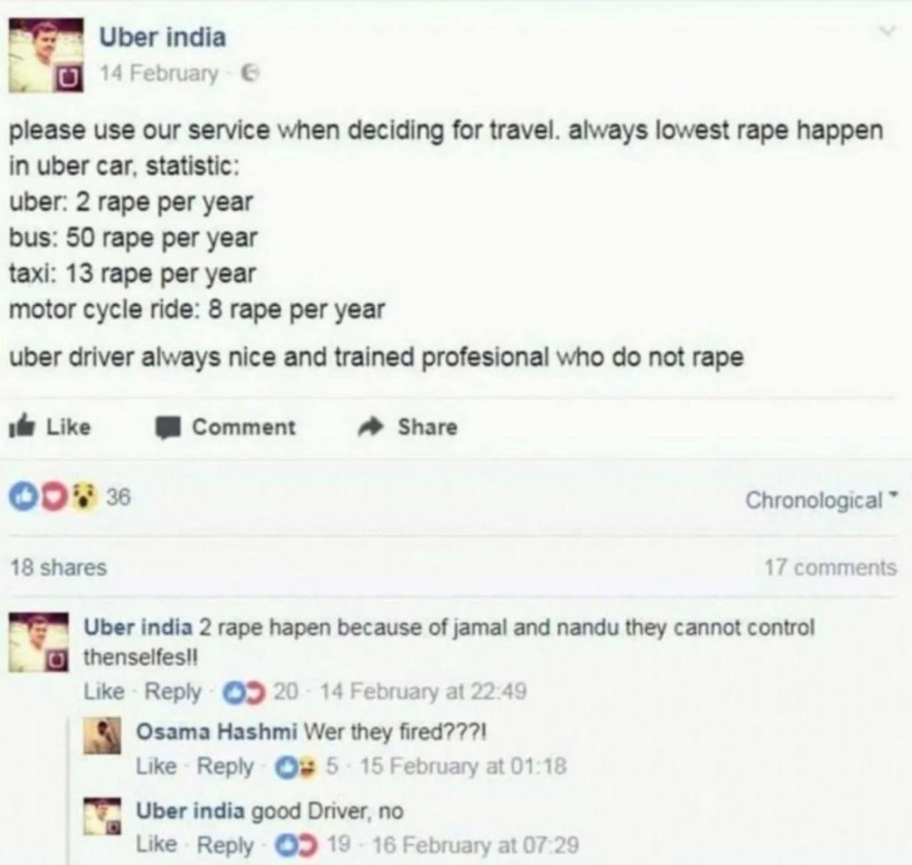 Uber india 14 February please use our service when deciding for travel. always lowest rape happen in uber car, statistic: uber: 2 rape per year bus: 50 rape per year taxi: 13 rape per year motor cycle