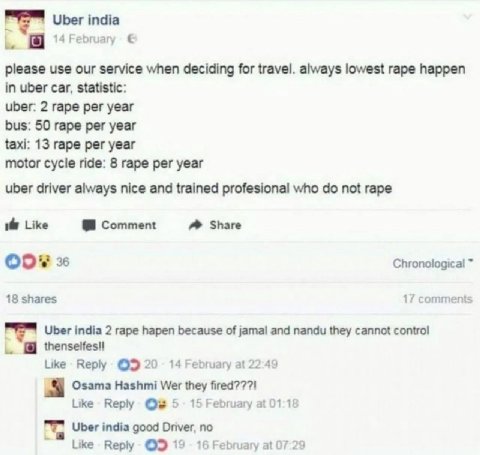 Uber india 14 February please use our service when deciding for travel. always lowest rape happen in uber car, statistic: uber: 2 rape per year bus: 50 rape per year taxi: 13 rape per year motor cycle