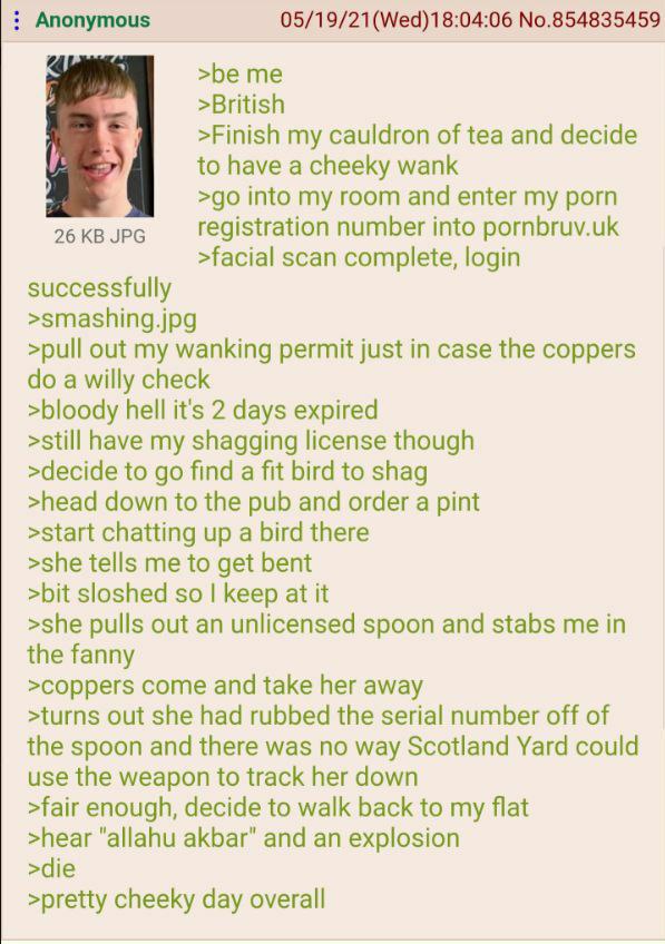 Anonymous 05/19/21(Wed)18:04:06 No.854835459 >be me >British >Finish my cauldron of tea and decide to have a cheeky wank into my room and enter my porn 26 JPG registration number into pornbruv.uk >fac