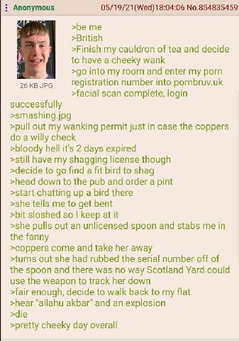 Anonymous 05/19/21(Wed)18:04:06 No.854835459 >be me >British >Finish my cauldron of tea and decide to have a cheeky wank into my room and enter my porn 26 JPG registration number into pornbruv.uk >fac