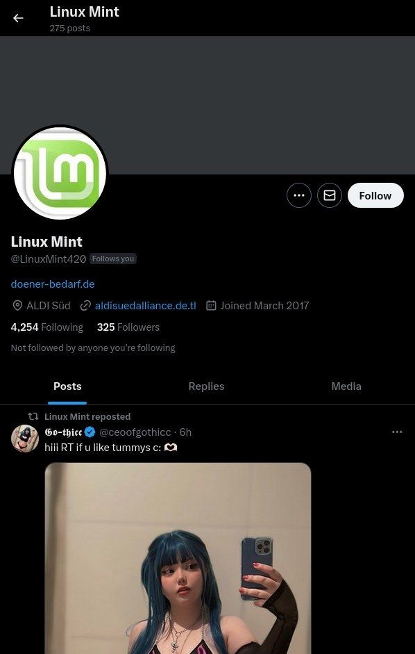 Linux Mint 275 posts Linux Mint @LinuxMint42@ Follows you doener-bedarf.de ALDISiid Joined March 2017 4,254 Following 325 Followers Not followed anyone following Posts Replies Media {3 Linux Mint repo