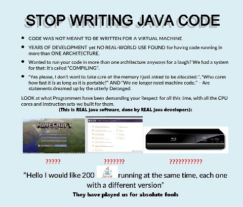CODE WAS NOT MEANT ТО BE WRITTEN FOR A VIRTUAL MACHINE. YEARS OF DEVELOPMENT yet NO REAL-WORLD USE FOUND for having code running in more than ONE ARCHITECTURE. run your code in more than one architect