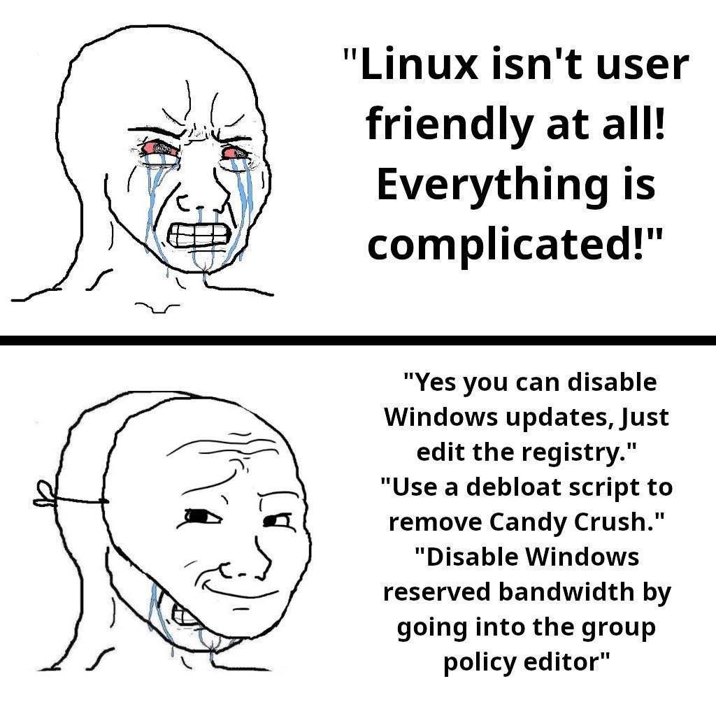 "Linux isn't user friendly at all! Everything is complicated!" "Yes you can disable Windows updates, Just edit the registry." poe "Use а debloat script to remove Candy Crush." "Disable Windows reserve