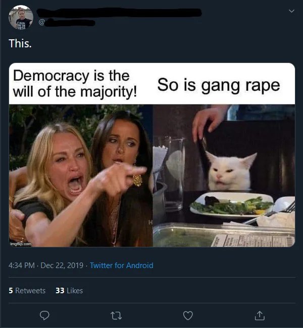 This. Democracy is the So is gang rape will of the majority! У. 2 4:34 Dec 22, 2019. 5 Retweets 33 Likes о