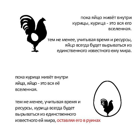 пока яйцо живёт внутри курицы, курица это вся его вселенная. тем не менее, учитывая время и ресурсы, яйцо всегда будет вырываться из единственного известного ему мира. пока курица живёт внутри яйца, я