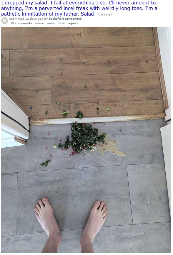 I dropped my salad. I fail at everything I I'll never amount to anything, a perverted incel freak with weirdly long toes. a pathetic immitation of my father. submitted 12 days ago backafterbeinvbanned