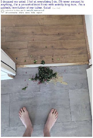 I dropped my salad. I fail at everything I I'll never amount to anything, a perverted incel freak with weirdly long toes. a pathetic immitation of my father. submitted 12 days ago backafterbeinvbanned