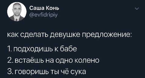 Саша Конь как сделать девушке предложение 1. подходишь к бабе 2.встаешь на одно колено 3. говоришь ты че сука