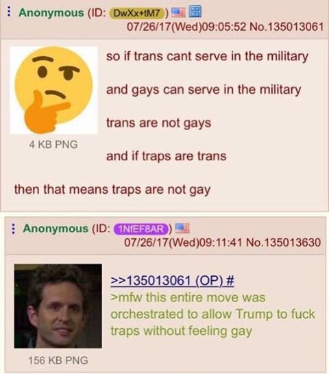 Anonymous 07/26/17(Wed)09:05:52 No.135013061 so if trans cant serve in the military and gays can serve in the military trans are not gays 4 PNG and if traps are trans then that means traps are not gay