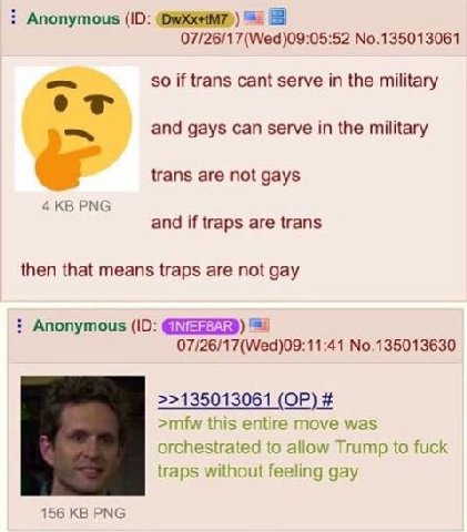 Anonymous 07/26/17(Wed)09:05:52 No.135013061 so if trans cant serve in the military and gays can serve in the military trans are not gays 4 PNG and if traps are trans then that means traps are not gay