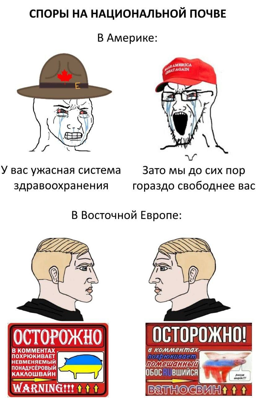 СПОРЫ НА НАЦИОНАЛЬНОЙ ПОЧВЕ В Америке GAIN У вас ужасная система Зато мы до сих пор здравоохранения гораздо свободнее вас В Восточной Европе ОСТОРОЖНО EHTAX в НЕВМЕНЯЕМЫЙ ПОХРЮКИВАЕТ Ome. ПОНАДУСЕРОВЫ