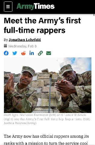 Times 7 a Meet the first full-time rappers Jonathan Lehrfeld Wednesday, Feb 8 4 A Staff Sgts. Nicholas Еее mster (1 and Lamar Riddick (right) are the Army’s first full-time hip-hop artists. (SSG Joshu