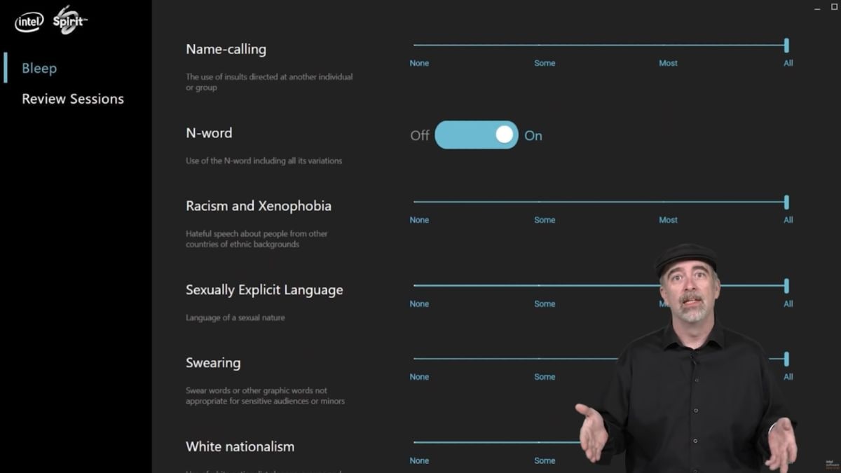 He Name-calling None Most All The use of insults directed at another individual Bleep group Review Sessions N-word он Use the N-word including all its variations Racism and Xenophobia None Most All Ha