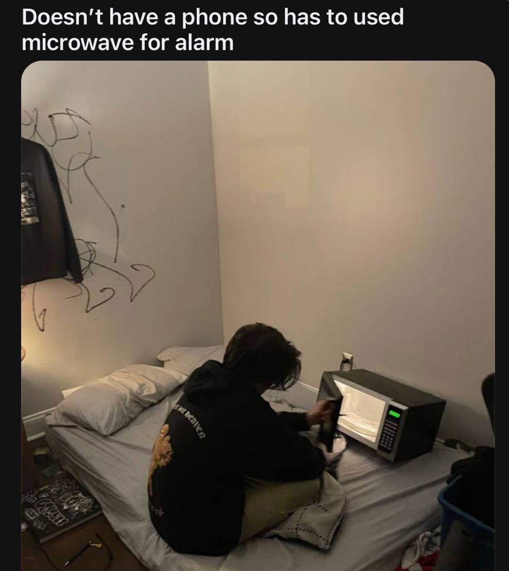 Doesn't have a phone so has to used microwave for alarm